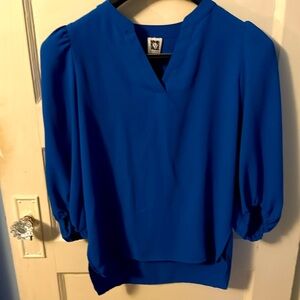Anne Klein Blue Blouse V-Neck, 3/4 ruched sleeves